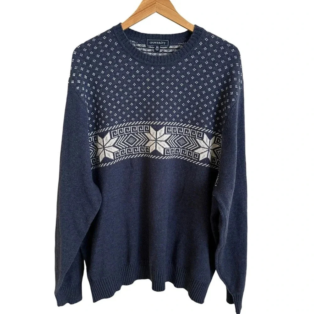 Crown & Ivy Mens XXL Blue Lambswool Blend Fair Isle Crewneck‎ Sweater Winter